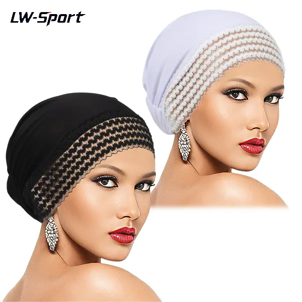 1Pc/2Pcs Lace Trim Hijab Undercap for Muslim Women, No Slip Breathable Mesh Stretch Under Scarf Cap, Soft Full Coverage Turban Cap for Chemo Hair Loss Wig Grip Daily Wear