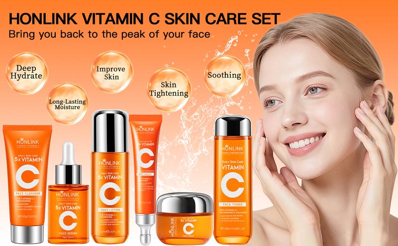 Korean 5X Vitamin C Skincare Set, 6-in-1 Skincare Gift Set with Cleanser, Toner, Serum, Lotion,Eye & Face Cream - Moisturizing Skincare Kit