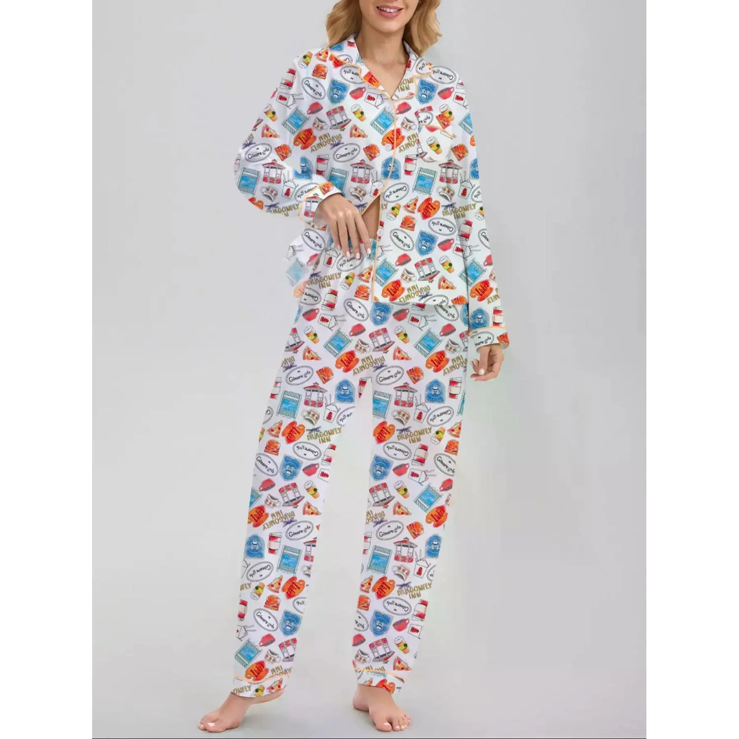 Women's Coffee Travel Print Pajama Set, Loungewear Casual Long Sleeve Shirt & Elastic Pants, Soft Stretch Fabric, All Seasons Home Wear
