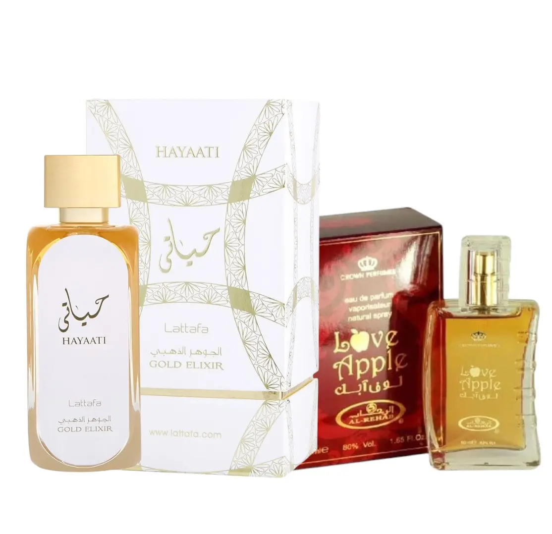 2 Pack of Lattafa Hayaati Gold Elixir Eau De Parfum Spray for Unisex, 100ml parfum spray and love Apple 50 ml perfume