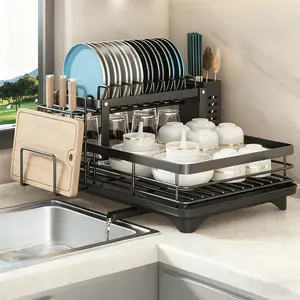 2-Tier 304 Stainless Steel Dish Drying Rack, Extra Large Capacity Auto-Draining Detachable Kitchen Organizer with Drainboard & Utensil Holder (Black)