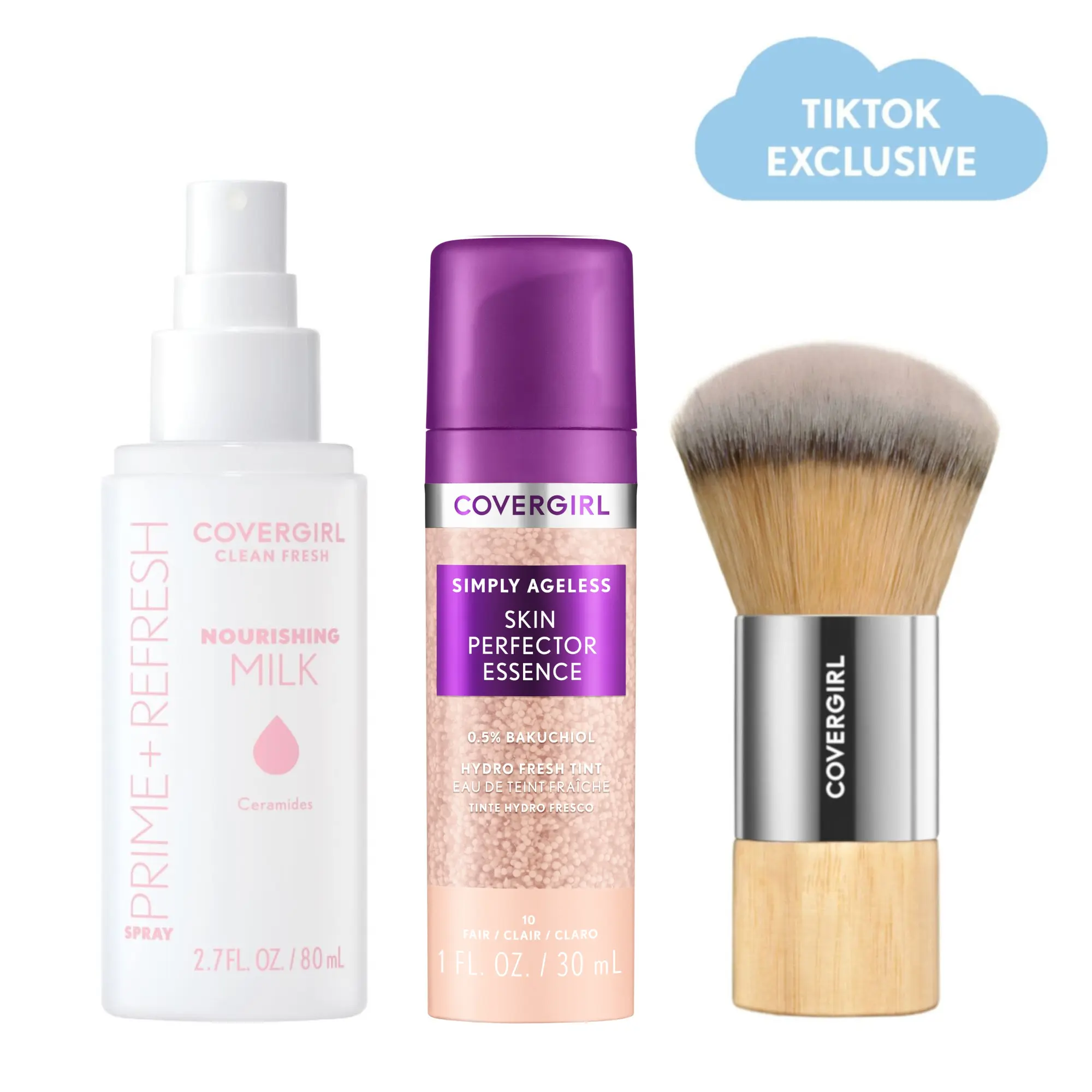 COVERGIRL Prime + Perfect Cosmetic Bundle: Clean Fresh Nourishing Milk Spray Primer, Hyaluronic Skin Perfector Essence, Dewy Finish Blending Brush for Flawless Skin