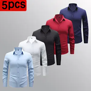 Five-piece men's business elegant long-sleeved shirts, comfortable and non-ironing, four-season casual business shirts, light stretch, regular cut, single-breasted, bow tie, party out Slim-Fit Wrinkle-Proof Dress Button Front Collared