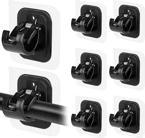 8PCS Upgraded No Drill Curtain Rod Brackets No Drilling Self Adhesive Curtain Rod Holder Hooks Nail Free Adjustable Curtain Rod Hook Curtain Hangers for Bathroom Kitchen Home Bathroom and Hotel(Black)