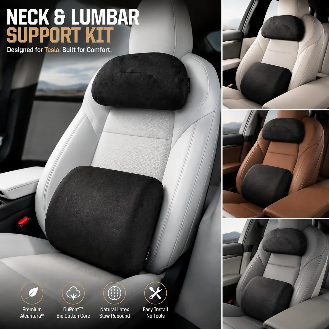Alcantara Car Neck Pillow & Latex Lumbar Support Pillow Set, Ergonomic Car Seat Cushion Kit for Neck and Back Support, Premium Memory Foam Headrest Pillow for Tesla Model 3/Y and Most Vehicles Car Accessories Automotive