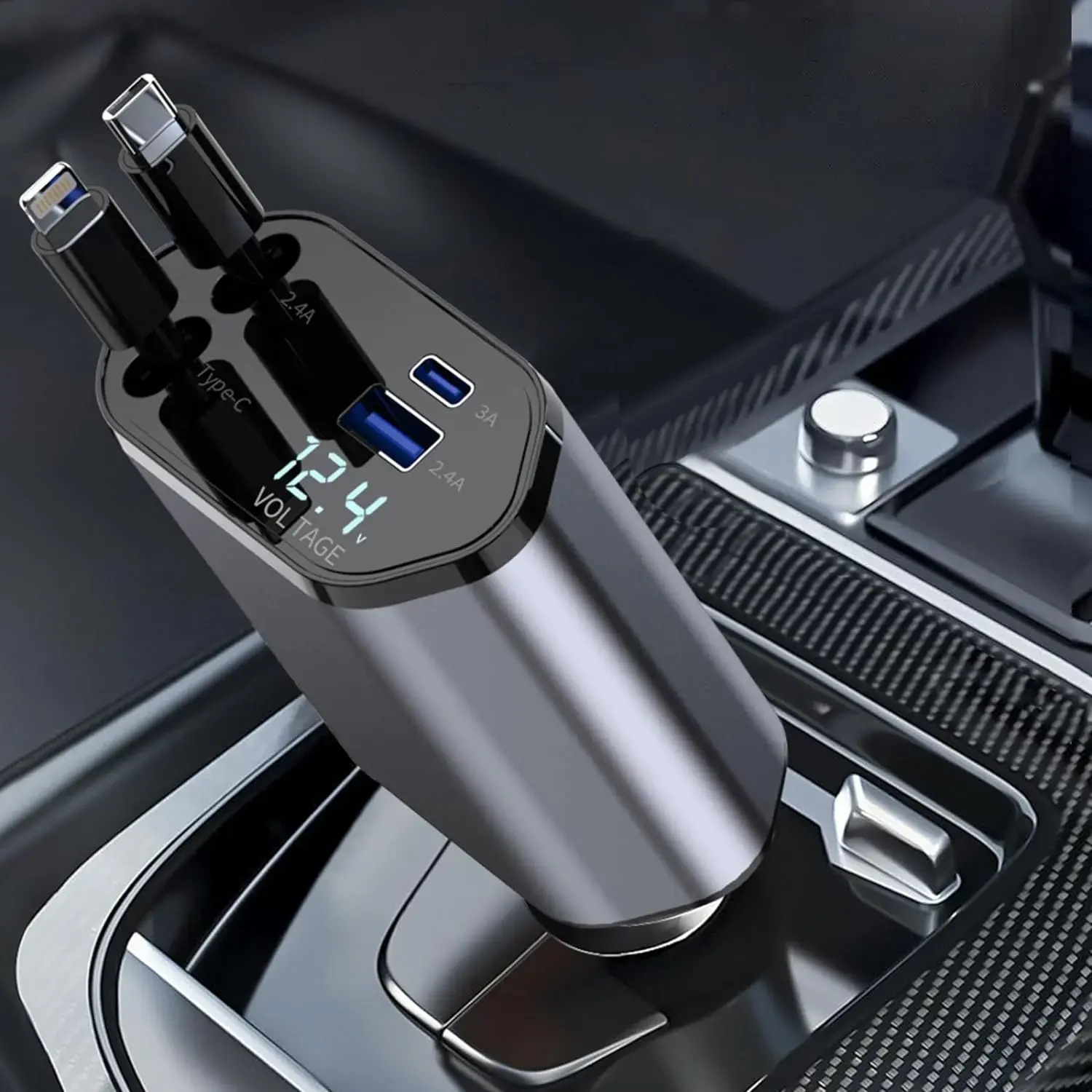 Retractable 120W 4-in-1 Fast Charging Smart Car Charger, USB-C Auto Charger, 2 USB Ports, 2.6ft (80cm) Collapsible Cable, 180-Degree Adjustment, Car Accessory for iPhone 15/14/13/12 Pro Max,