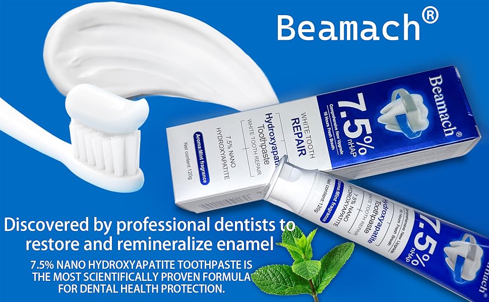 Beamach Hydroxyapatite Toothpaste 7.5% for Enamel Repair & Teeth Whitening Refreshing Flavor Fluoride-Free 4.23oz Gentle Formula for Sensitive Teeth Care