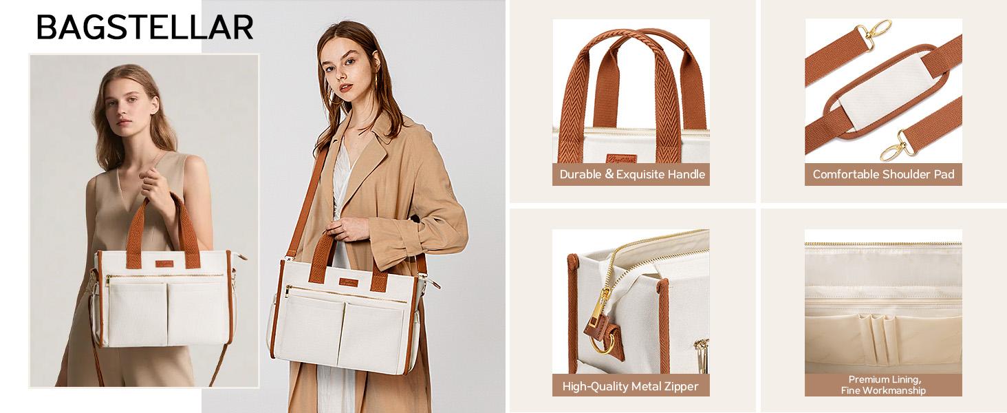 Bagstellar Canvas Tote Bag for Women, Large Work Travel Tote Bags With 9 Pocket & Zipper College Bible Laptop Bag Crossbody Handbag