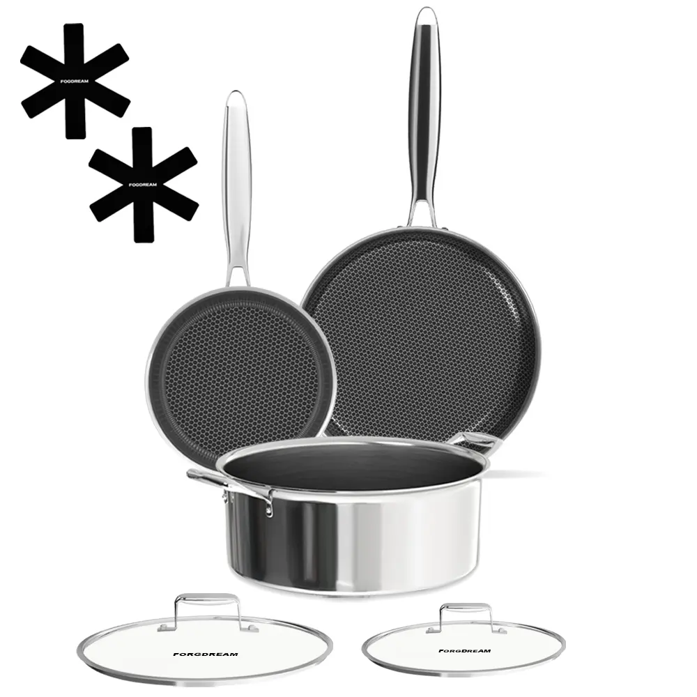 Fogdream Tri-Ply Stainless Steel Cookware Set - Honeycomb Nonstick Frying Pans & Cooking Pot Sets with 360-Degree Swivel Handle, Glass Lid, Induction-Ready for All Cooktops & Oven, Frying Pan, Multiple Sets