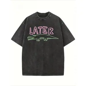 Retro washed charcoal gray printed T-shirt | Crocodile-shaped street style short-sleeved shirt | Men's and women's retro acid-washed hip-hop top | Y2K aesthetic loose pure cotton T-shirt