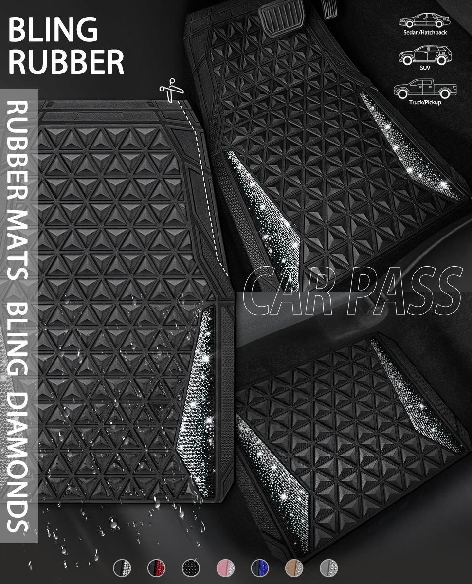 CAR PASS Bling Diamond Rhombus Rubber Leather Car Floor Mats, All-Weather for Car Full Set Durable Anti-Slip, Waterproof Trim Universal Fit,Sedan,SUV,Truck Vehicle Automotive
