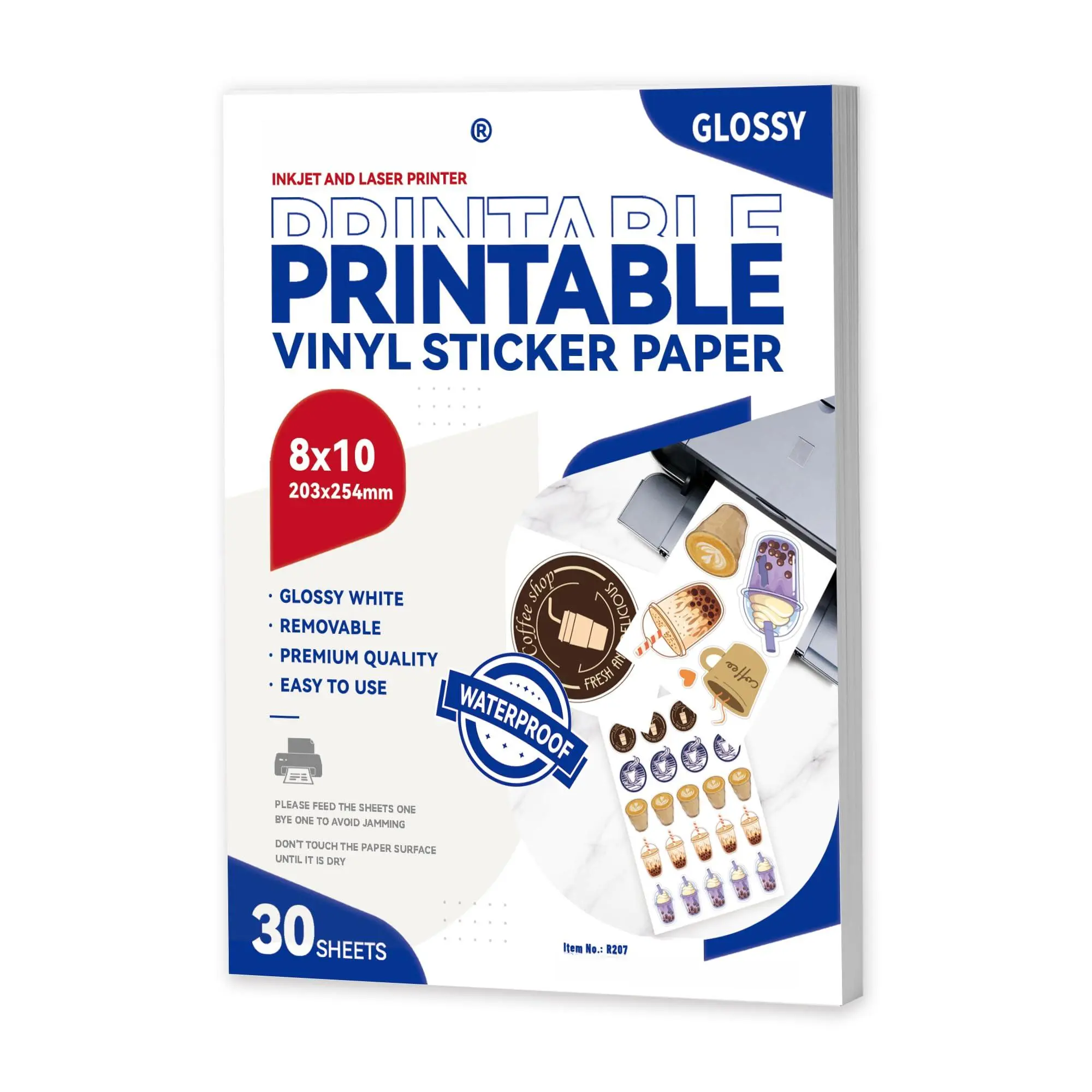 8x10 Printable Vinyl Sticker Paper Waterproof  Removable Self Adhesive Sheets For Inkjet And Printer 30 Pack 8r Size Glossy White