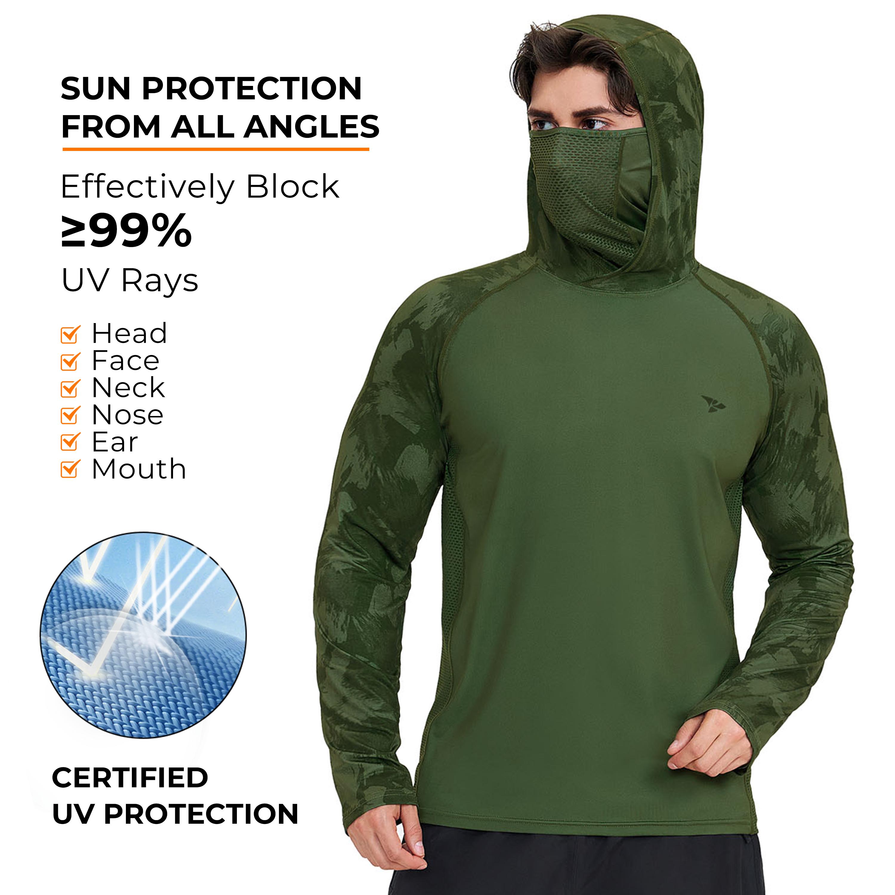【RODEEL】915 Sun Hoodie Shirts w/ Mask Neck Gaiter Men UPF 50+ UV Protection Long Sleeve Lightweight Quick Dry Moisture Wicking Breathable Cooling Athletic Activewear for Outdoor Sport Fishing Boating Hiking Cycling Roofing Construction Tree Service