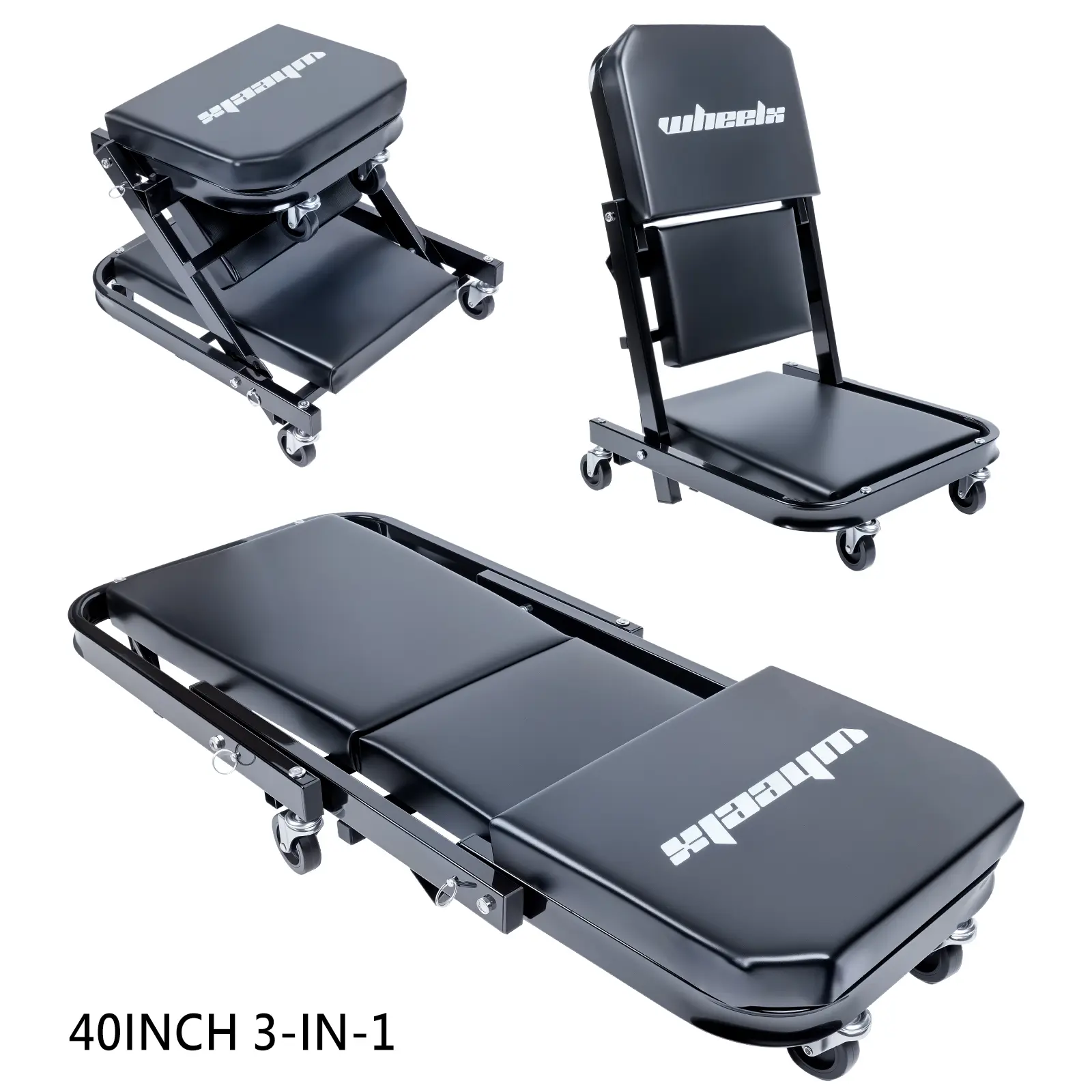 Z-Style Folding Mechanic Creeper, 3-in-1 Multifunctional Tool with 300LBS Capacity, 6-Wheel Stability, Padded Seat, Steel Frame & Tool Tray, for Garage/Shop Use ##CarRepairTool #GarageEssential