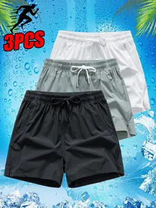 Men’s lightweight breathable athletic shorts set, 3-piece set, suitable for running, training, and basketball; made from nylon and elastic fibers, solid color design