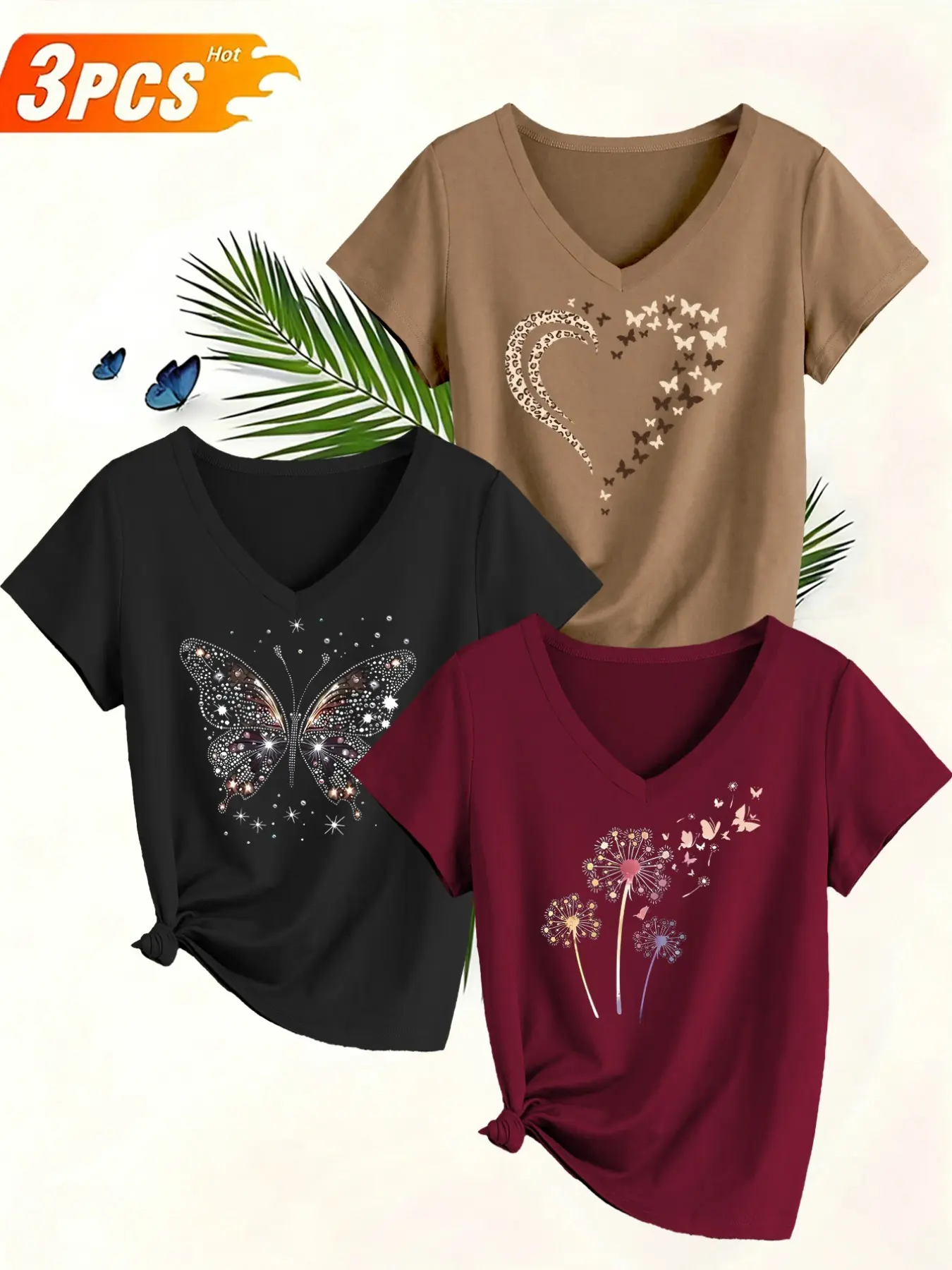 Women's 3-Pack V-Neck Short-Sleeve Summer Fit T-Shirts Casual Tee Shirts, Fashion Casual Leopard Heart, Butterfly and Daisy Print Top, Soft Comfortable Fabric
