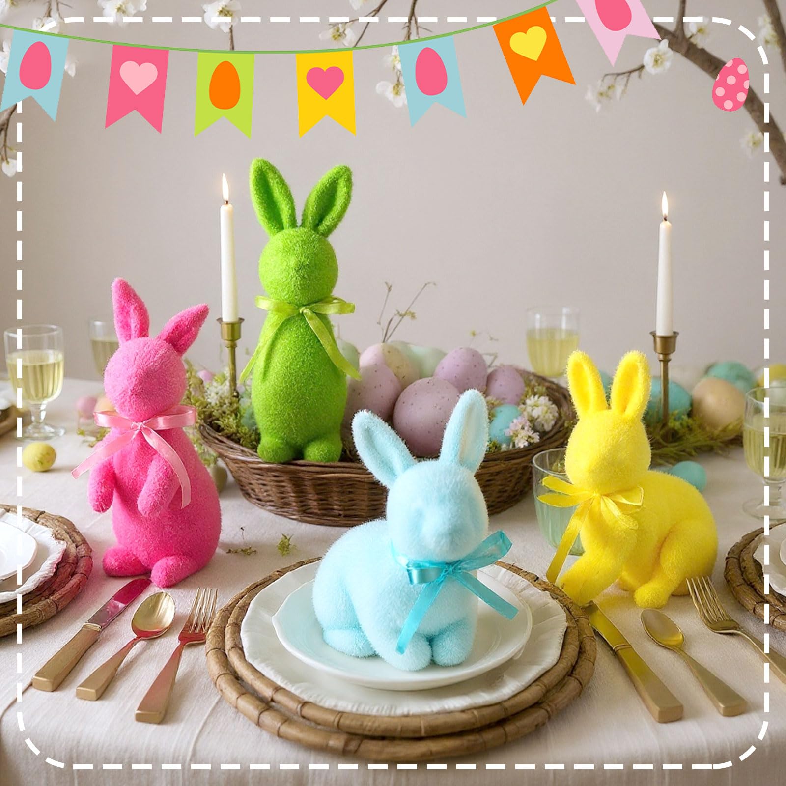 Pastel Flocked Easter Bunny Figurines - 7/6/4 Pcs Cute Velvet Rabbit Statues Set with Bow Ties, Adorable Easter Decor 2026 Bunny in Multiple Sizes & Poses for Tiered Tray Decor Spring Table Centerpiece Shelf Mantel Display Home Party Gifts Basket Stuffers