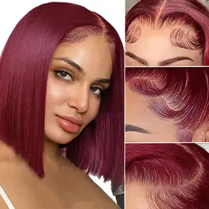 Bob Wig Human Hair 13x4 HD Lace Frontal Short Straight Lace Front Bob Wigs for Black Women Human Hair Pre Plucked Glueless Side Part 180% Density Wine Red 99J Burgundy Color 14 Inch
