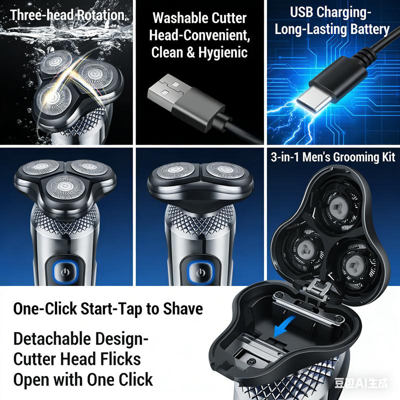 3-in-1 Electric Shaver with Smart Digital Display, USB Charging, Three Floating Blades, and Washable Head