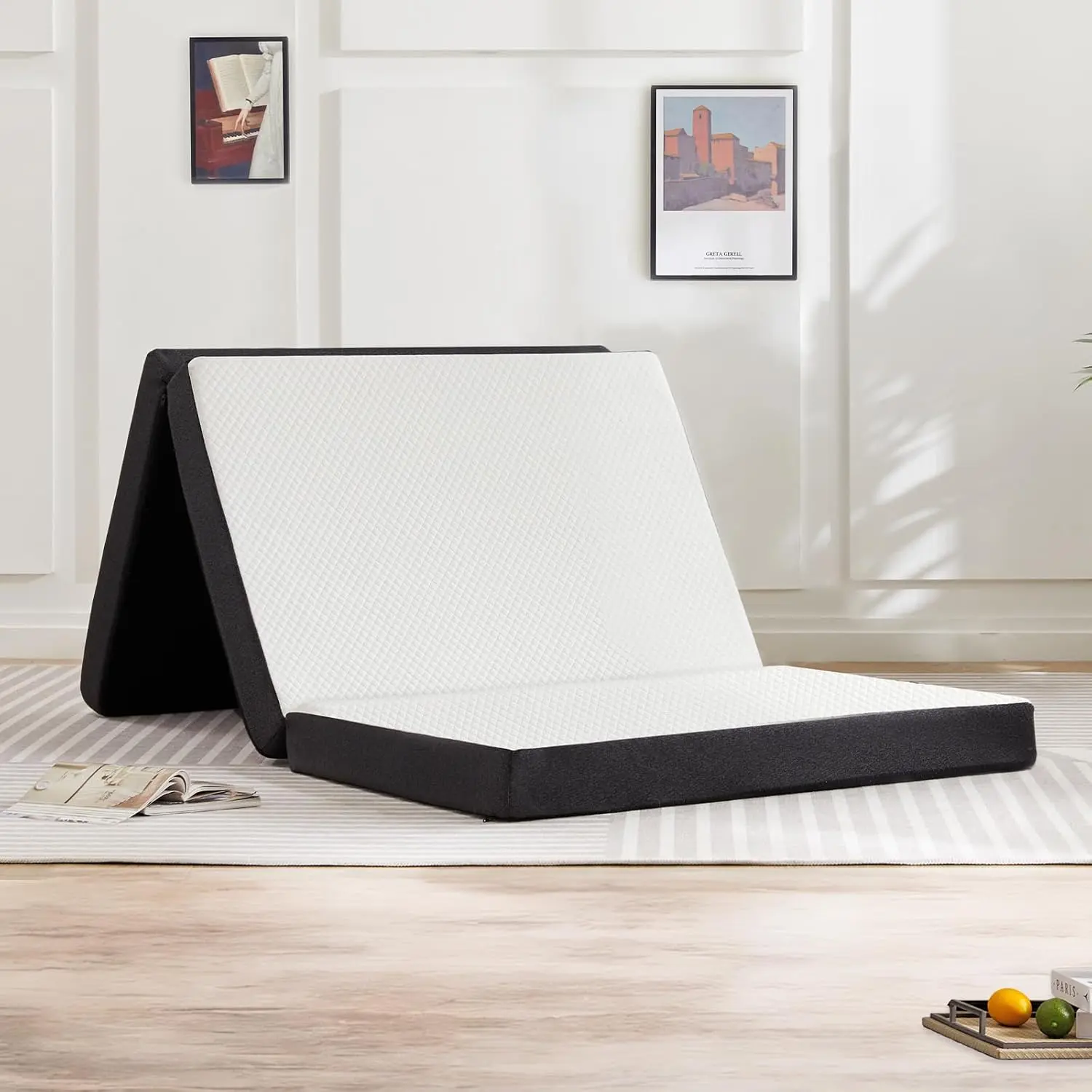 4 Inch Tri-Fold Queen Size Memory Foam Mattress, Ventilated Foldable Floor Bed with Washable Cover, Multi-Purpose Mattress for Camping, Guest Room and Yoga Use