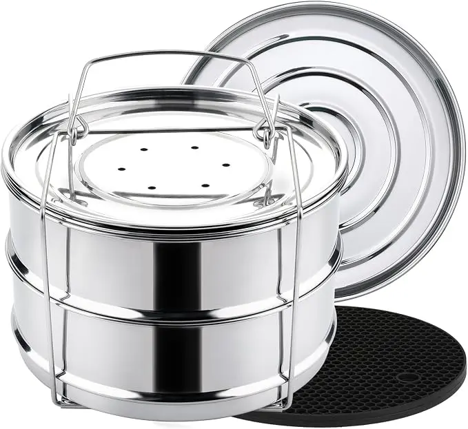 Stackable Steamer Insert Pans for 6QT & 8QT Pressure Cookers, Pot-in-Pot Cooking Set with Sling & Lids, Food Steamer, Baking, Casserole & Lasagna Accessories