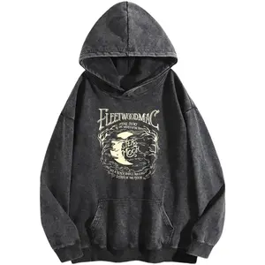 Women's Moon Print Acid Wash Hoodie Vintage Sweatshirt Oversized Loose Fit Winter Warm Streetwear Casual Tunic shirts women