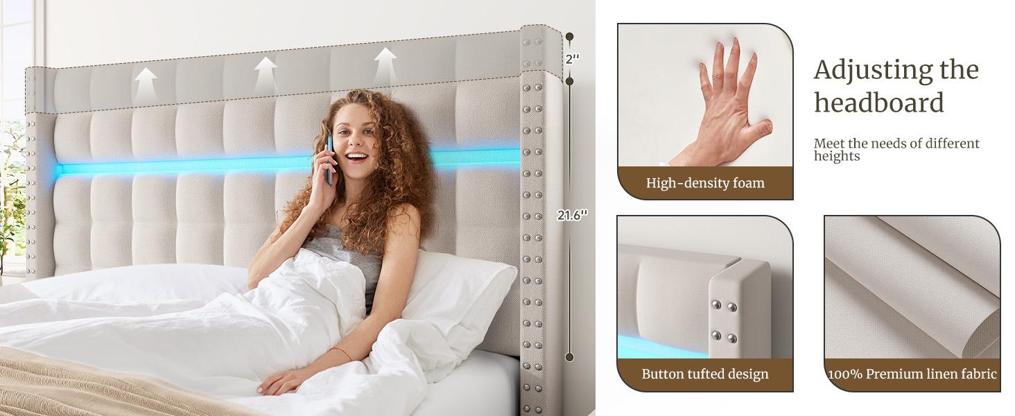 Raybee Furniture 3 Drawers Bed frame for Queen, No Mattress, LED Bed Frame with Adjustable Headboard and Storage, NO Noise,No Spring Needed, Hold 880LBS, Beige, Gray