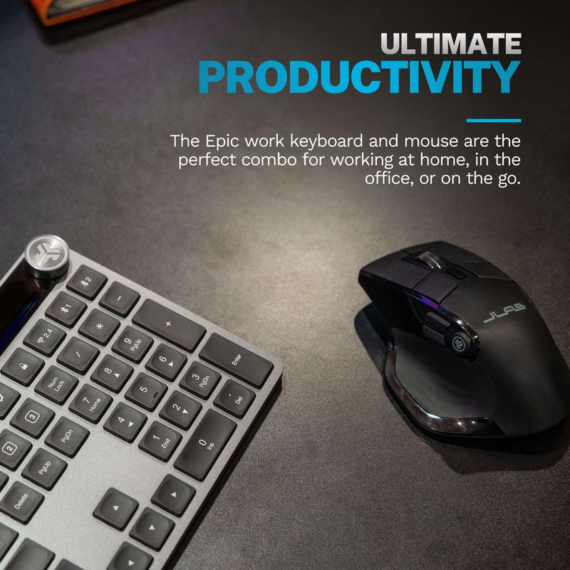 JLab Epic Wireless Keyboard & Mouse Set: Minimalist & Modern, Bluetooth/USB, Multi-Device, Illuminated Keys, Media Knob, Rechargeable 6-Month Battery, Customize
