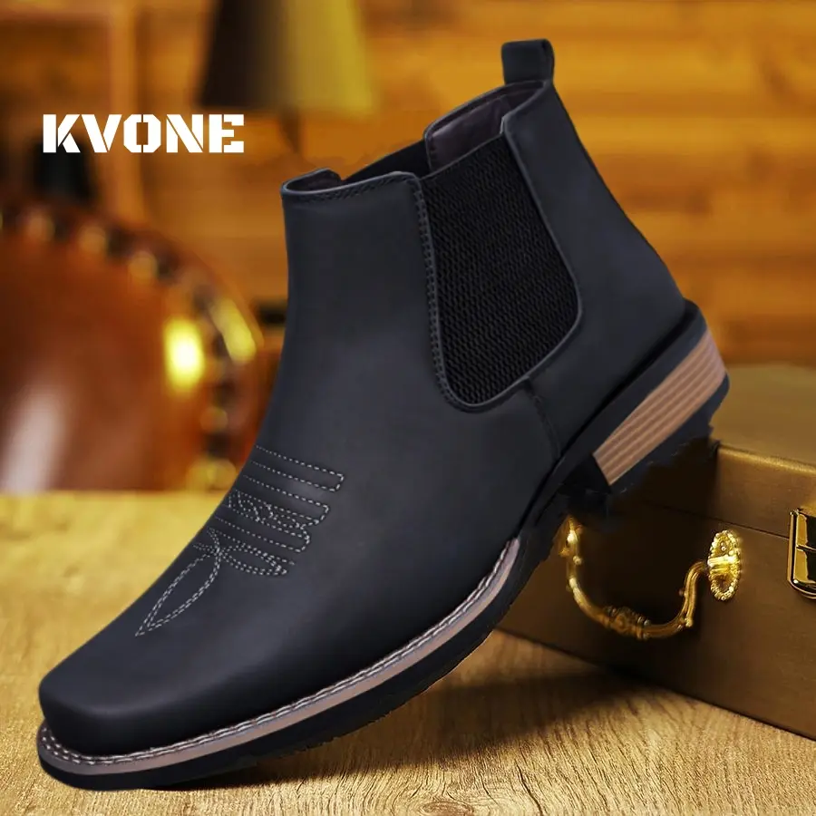KVONE-Versatile Men's Chelsea Boots,leather western boots men,comfortable security footwear,square-toe Chelsea ankle boots, Work Boot, casual, vintage, fashionable, classic; Men's Embroidered Chelsea Tabi Boots,Walking Shoes