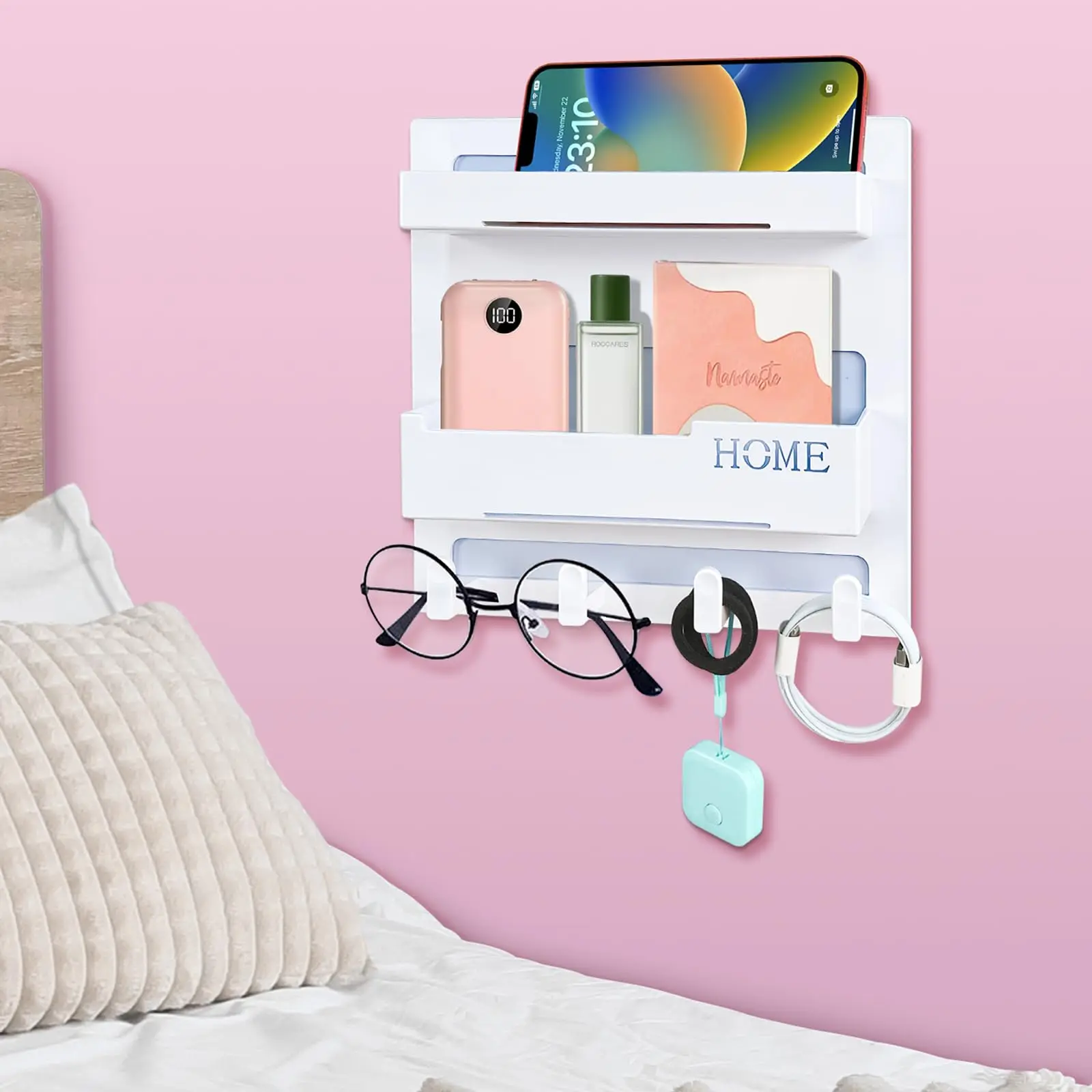 Plastic Floating Wall Shelves with 4-Hook Design - Self-Stick Hollow Shelf Organizer for Girls’ Bedroom Bedside Storage, Easy Installation Home Decor Supplies