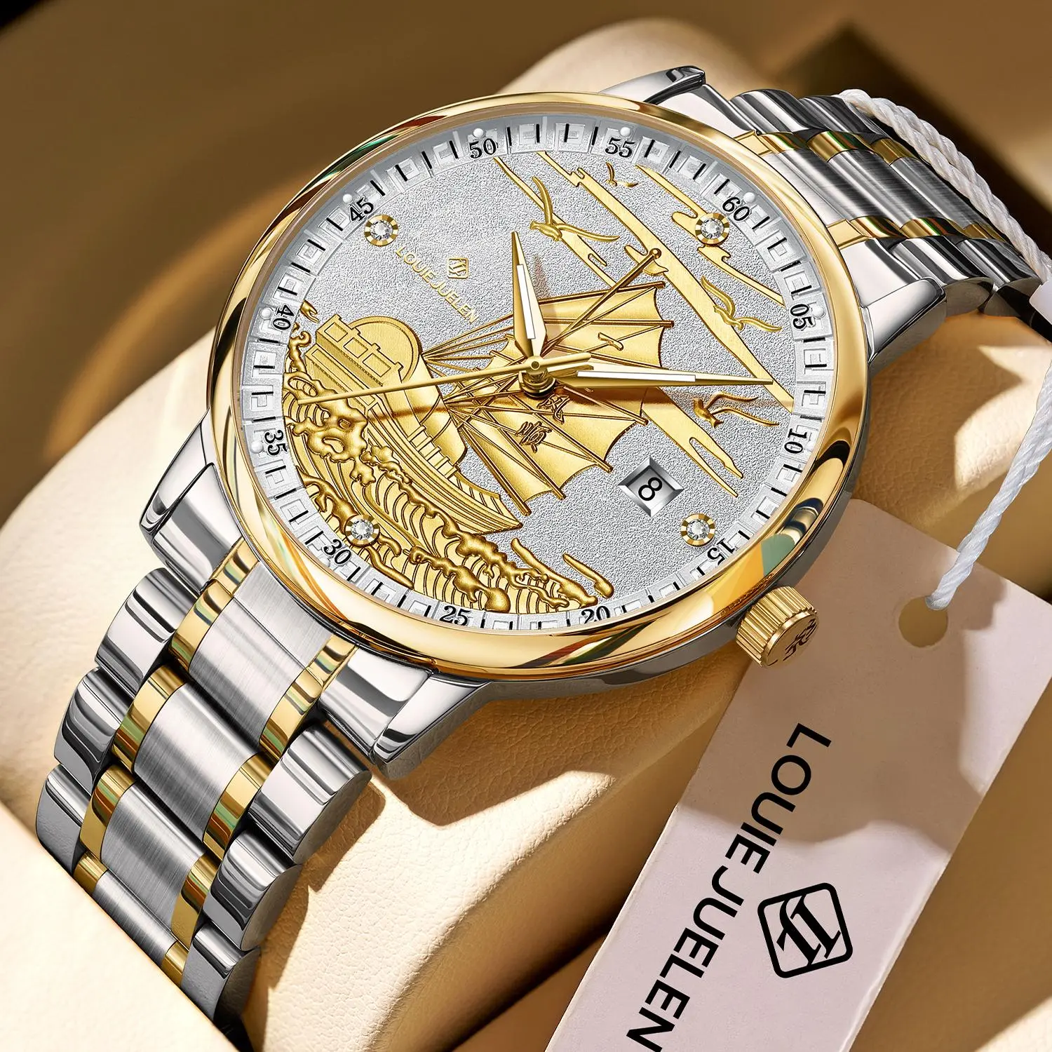 Nautical Elegance Men's Swiss Luxury Watch with Hand-Carved Sailing Ship Dial, 42mm Stainless Steel Case, Original Movement, Premium Stainless Steel