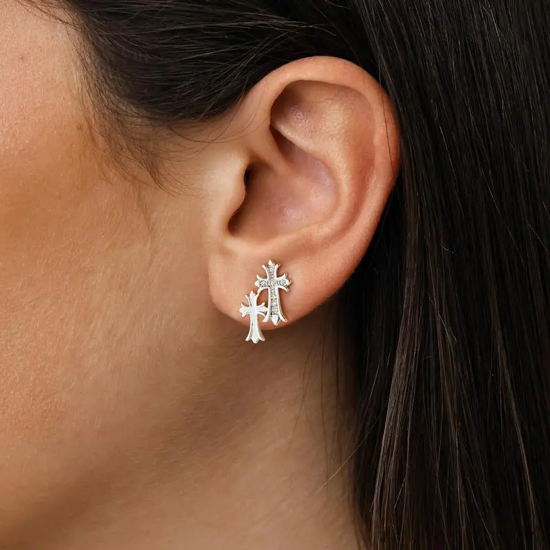 Gold Double Cross Stud Earrings for Women and Men 14k Gold Plated Small PaveCZ Dangling Hypoallergenic LightweightAccessory with Zircon Decoration Elegant