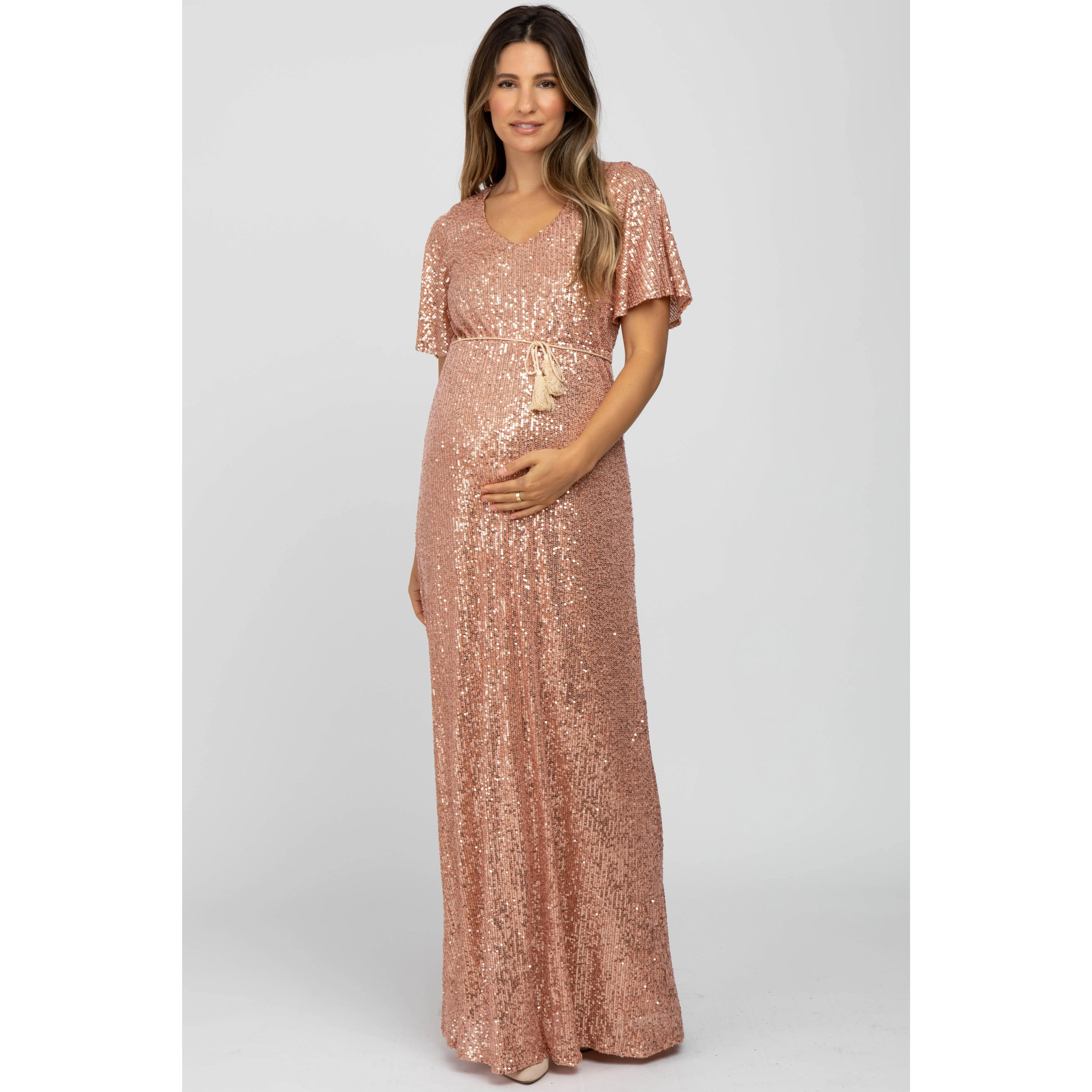 open lace back dress Baby Pink Maternity Midi Dress With Short Sleeves main image 1