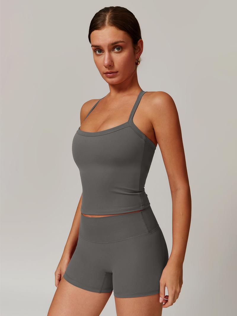 MASKERT Women's Solid Color Backless High Stretch Two-piece Set, Spaghetti Strap Crop Cami Top & High Waist Skinny Shorts, Breathable Sportswear for Yoga Gym Workout Indoor Outdoor MASKERT Women's Solid Color Backless High Stretch Two-piece Set, Spaghetti Strap Crop Cami Top & High Waist Skinny Shorts, Breathable Sportswear for Yoga Gym Workout Indoor Outdoor