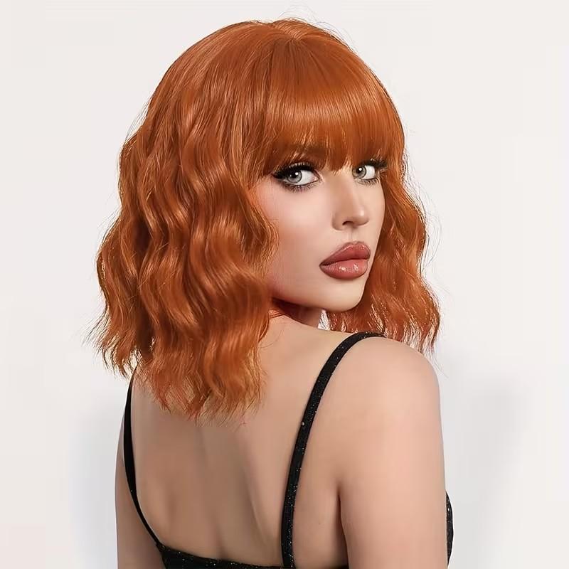 Alrence 12inch Short Ginger Orange Wavy Bob Wig with Bangs 