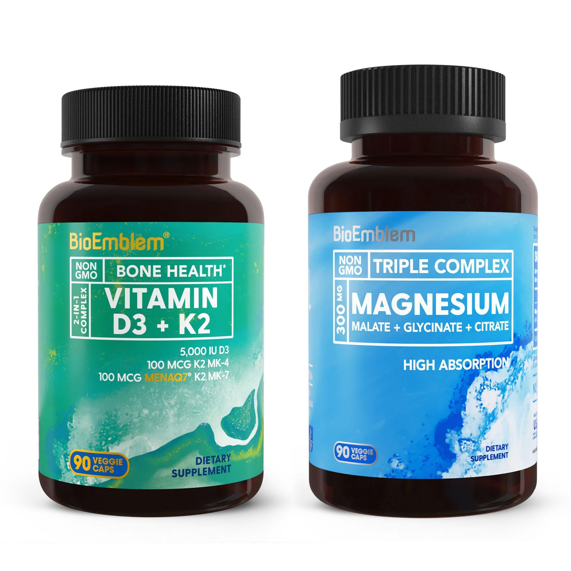 BioEmblem Triple Magnesium Complex Vitamin D3 K2 Capsules - 3-in-1 Support for Heart & Immunity, High Potency Supplemen