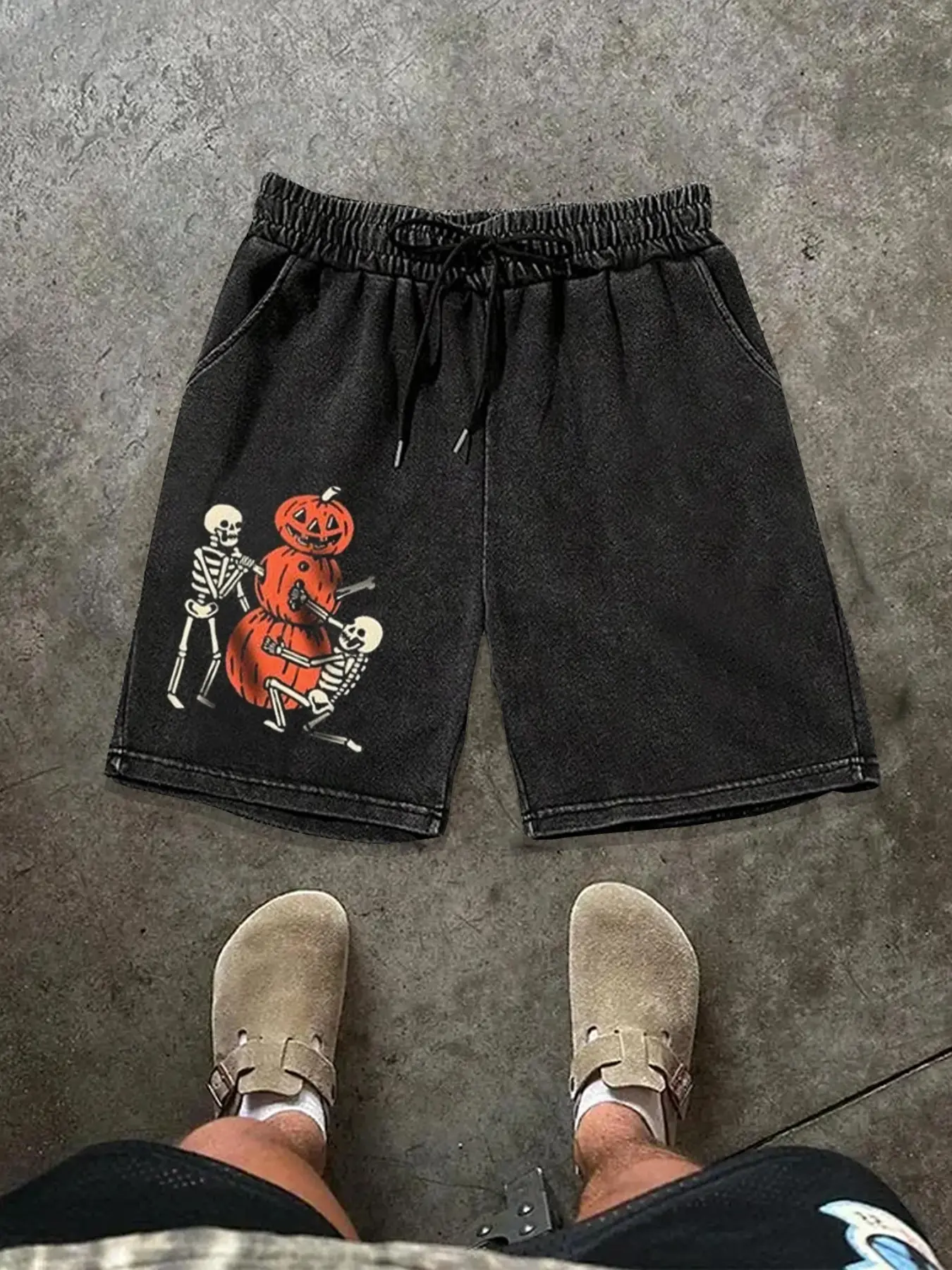 Men's Summer Halloween Pumpkin Skull Print Graphic Shorts, Casual Fitted Cotton Short Pants with Drawstring Waistband, Perfect Gift for Boyfriend