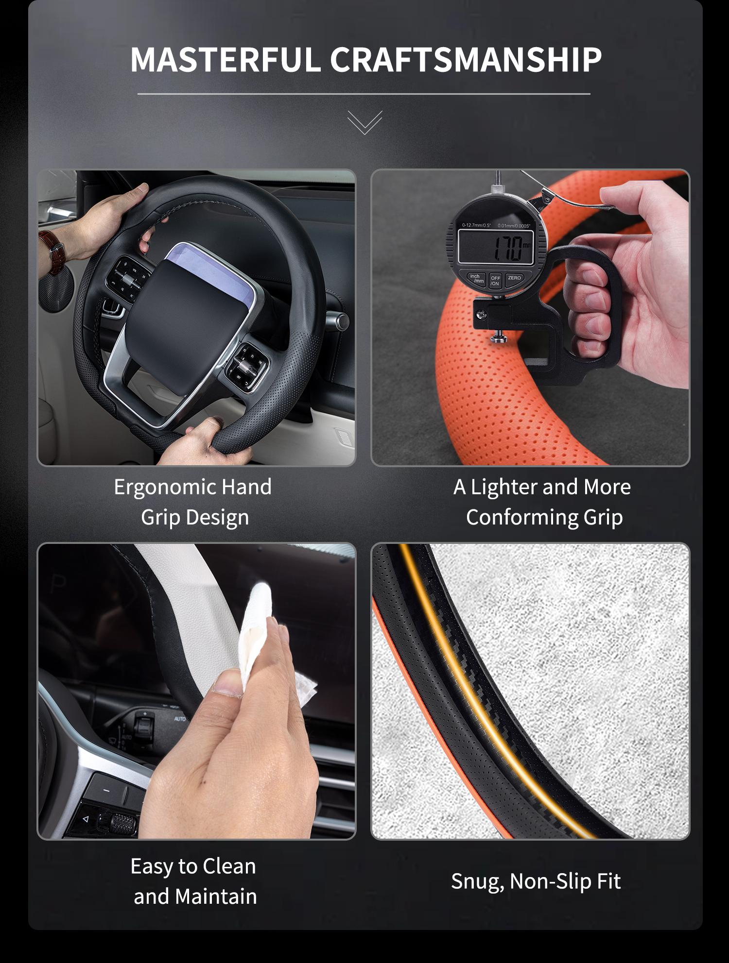 Jeep Wrangler Steering Wheel Cover for Men, Fits Grand Cherokee, 8D Heavy Duty Leather Grip, Cool Truck Stuff, Anti-Slip Handle Protector Accessories