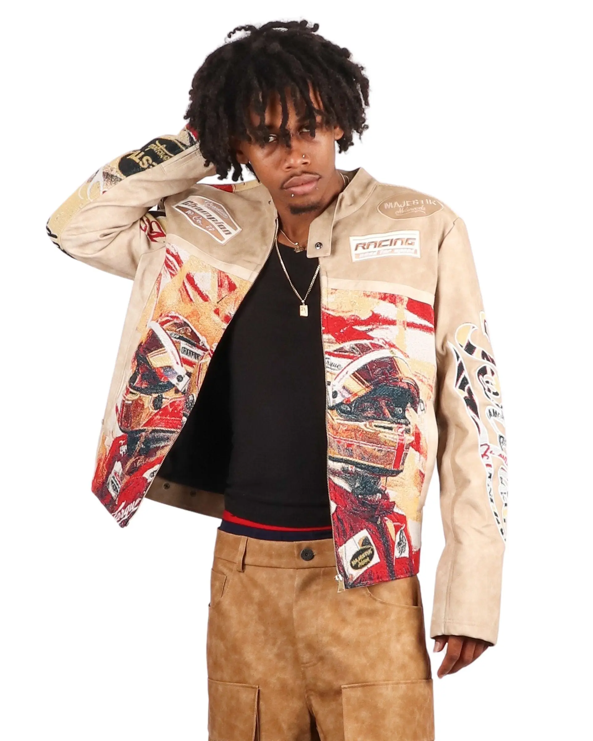Majestik Men's Tapestry Mix Faux Leather Racing Champion Jacket Beige