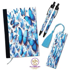 Patterned Bloom Butterfly Print Personalized Journal Essentials Bundle – Fabric Hardcover Notebook with Pens & Tassel Bookmark  Kat’s Journal Nest