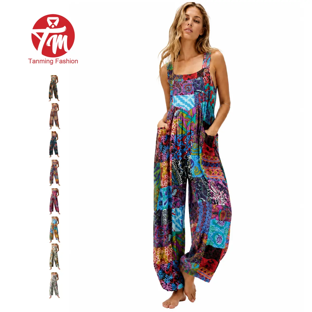 Tanming Women's Ethnic Printed Vintage Strap Bib Overall - Baggy Loose Wide Leg Jumpsuit with 2 Button Closures, Zip, Patchwork Dual Pockets, Ditzy Floral Print - Boho Festival Spring Summer Outfits