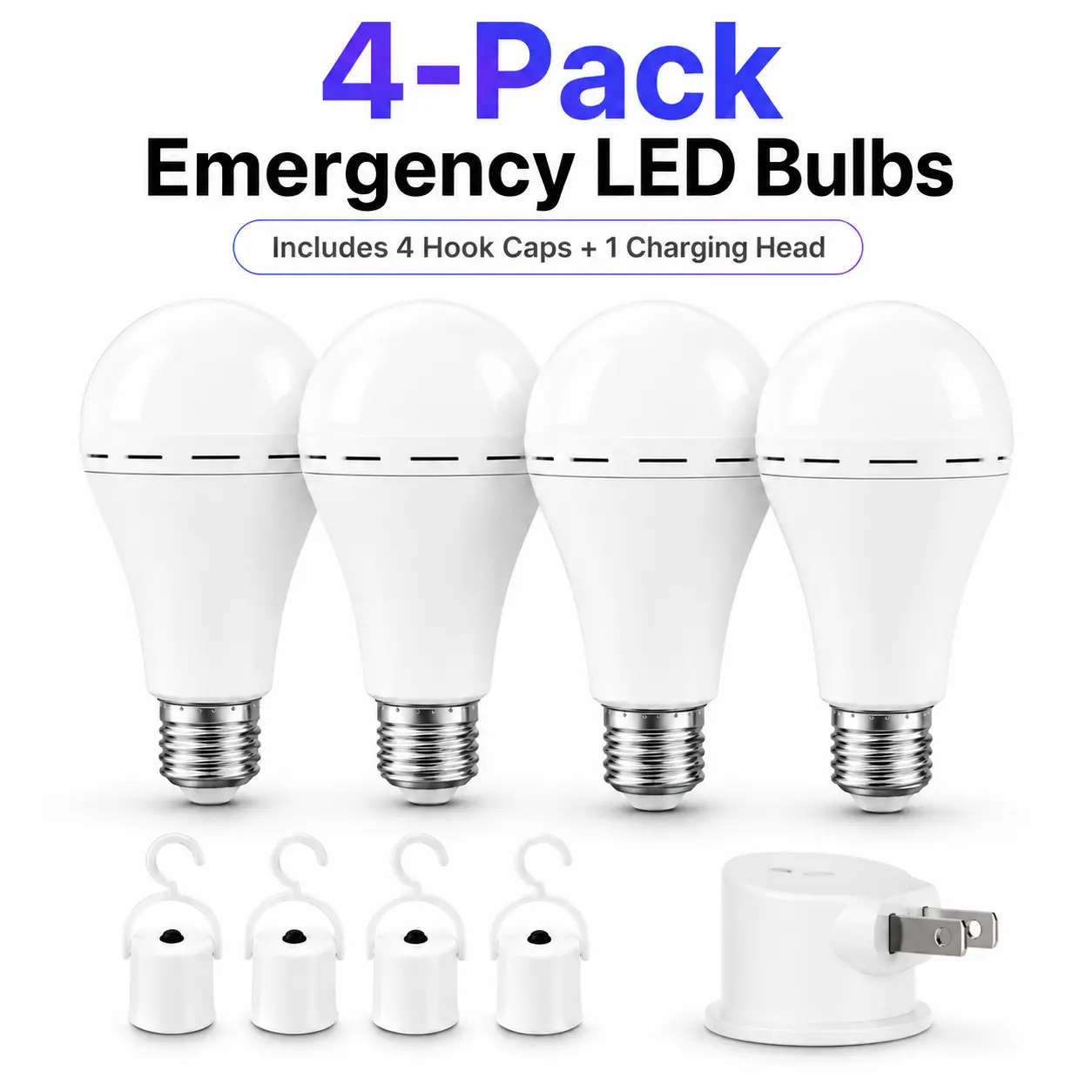 4 Pack Rechargeable Emergency Light Bulbs A19, Camping Lamp Battery Powered LED Light Bulb 6000K Daylight E26/E27 120 Volt 12W 60W Equivalent with 1200mAh for Home Power Outage Camping Hurricane #SummerVibes