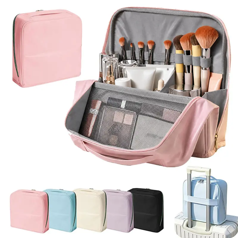Women's Leather Large-Capacity Waterproof Makeup Bag - Portable Vertical Free-Standing Cosmetic Organizer with Large Opening, Brush Holder, Magnets, Multi-Zone, Foldable for Travel Toiletry & Makeup Products Storage, Pink, Portable Storage Bags, Bottles S