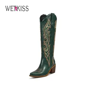 Wetkiss Studded Knee-High Cowboy Boots for Women – Embroidered Western Cowgirl Boots with Chunky Heel, Fashion Statement Boots (Green/Brown/Red) #TikTokShopStockUp