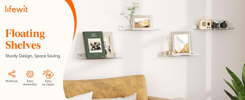 Lifewit Floating Shelves for Wall, Acrylic Shelf, Room Decor Bookcase/Vinyl Record/Photo/Picture in Bedroom, Living Room, Bathroom, Kitchen Storage