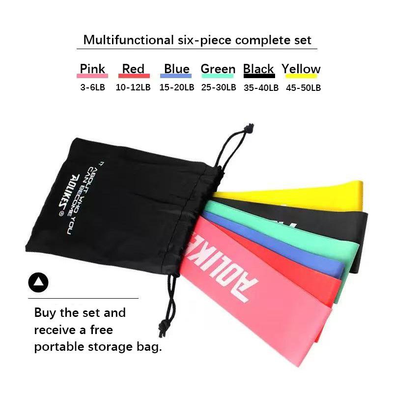 Resistance loop bands, set of six, available in various colors, suitable for strength training and fitness exercises, offering multiple resistance levels, made of high-quality materials, and includes a portable storage bag.