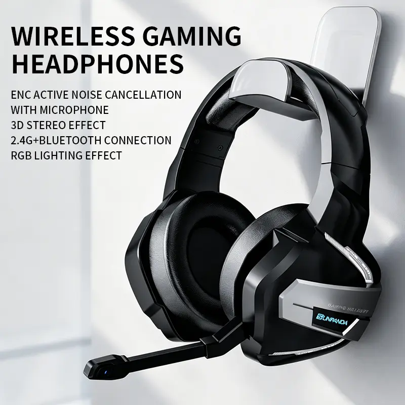 Wireless gaming headphones for PS5, PS4, PC and Switch -2.4GHz and Bluetooth dual-mode headphones with microphone, 20 millisecond low latency, 3D stereo sound effect, ENC active noise cancellation, RGB lighting effect, 50-hour ultra-long battery life