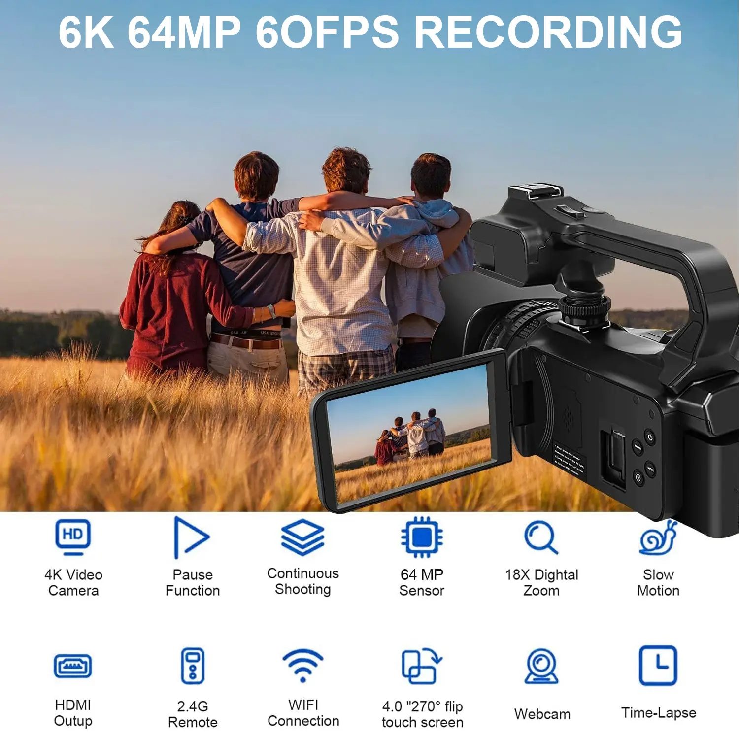 6k Ultra HD Touchscreen Camcorder with WiFi, 64mp Resolution, 18x Digital Zoom, Infrared Night Vision, Ideal for Vlogging and Live Streaming