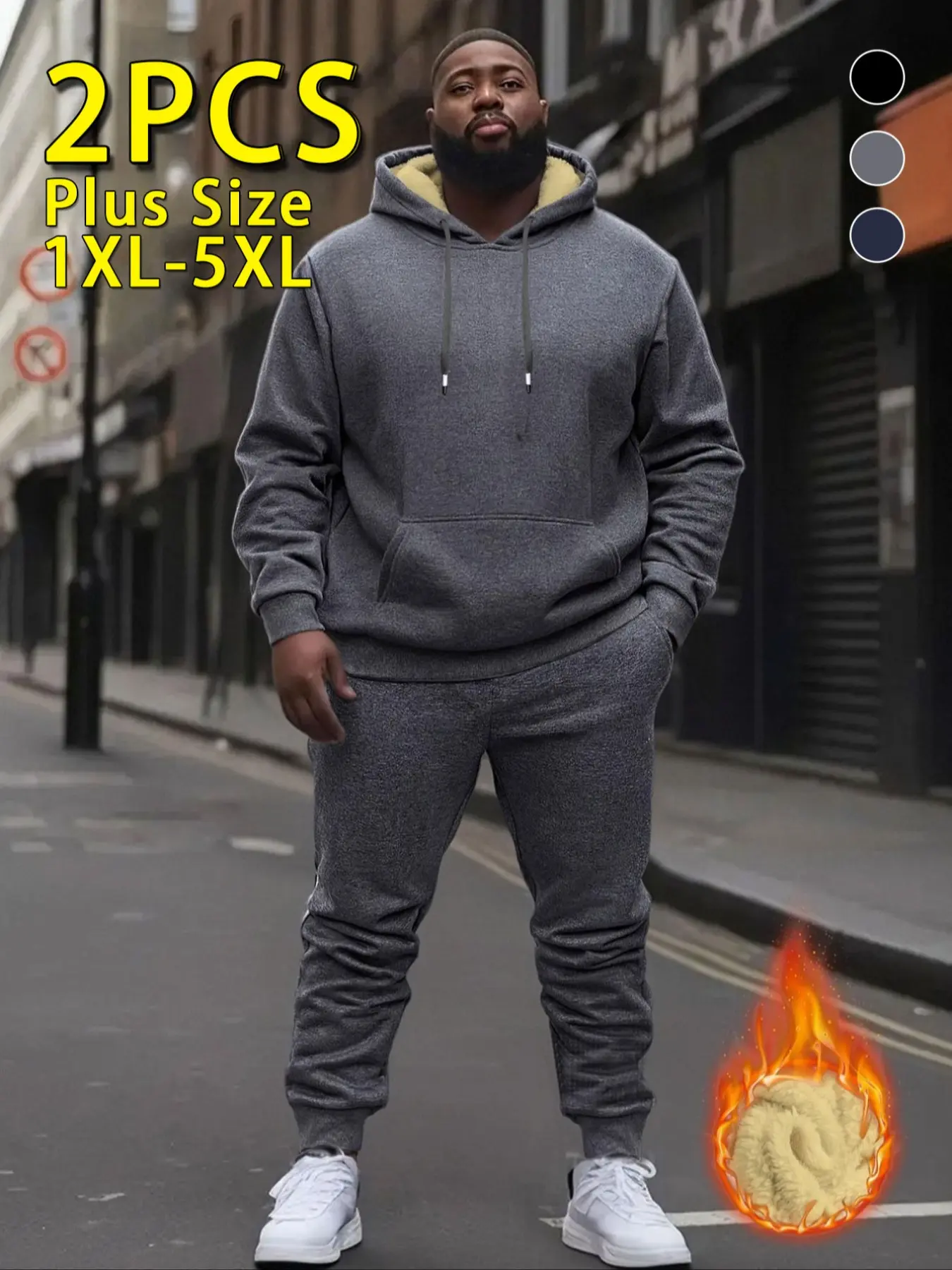 Men's Fall Winter Two-Piece Set Outfit, Hooded Plush Thick Jacket & Casual Pants, Plus Size, Fitted, Multiple Colors, Ideal for Outdoor Activities