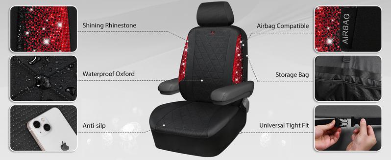 CAR PASS Oxford Bling Diamond Car Seat Covers 2 Front Interior Sets, Waterproof Shining Glitter Sparkly Crystal Universal Armrest Fit 95% Automotive Truck SUV Cute Women Girl, Black Red Rhinestone